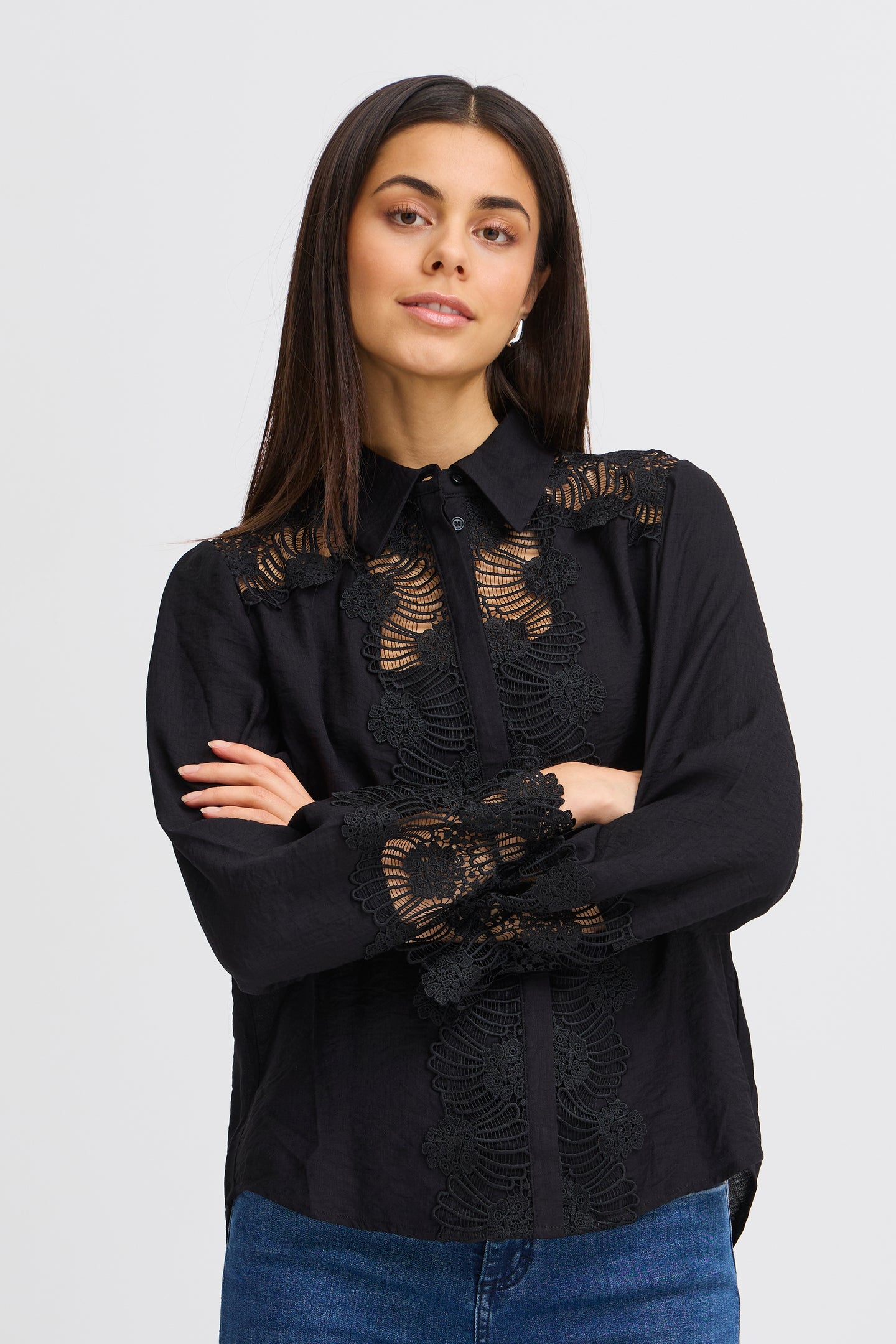 Fransa 20615029 frdentelle black blouse long sleeve top