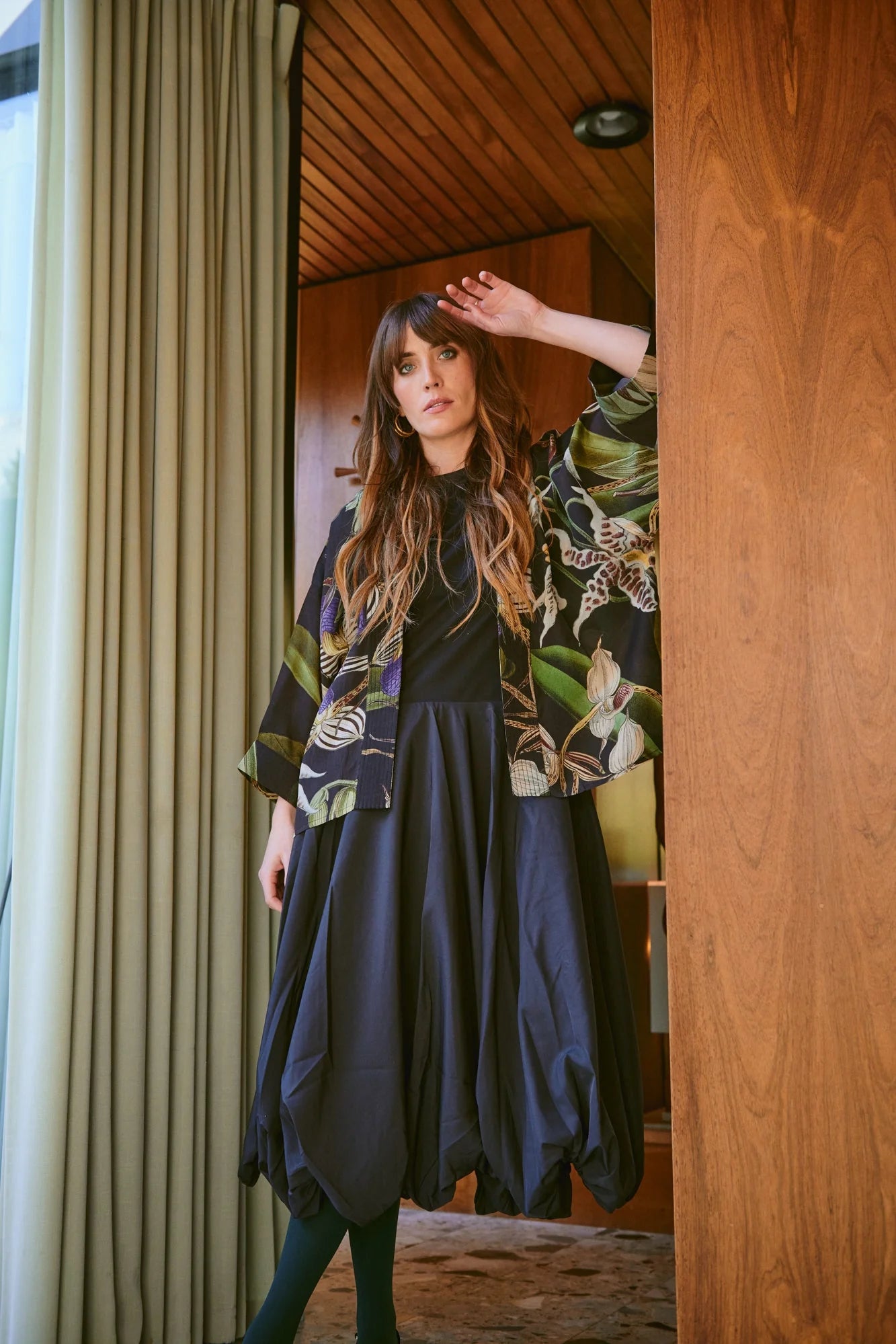 One Hundred Stars Ckmorcblk ORCHID BLACK CREPE KIMONO