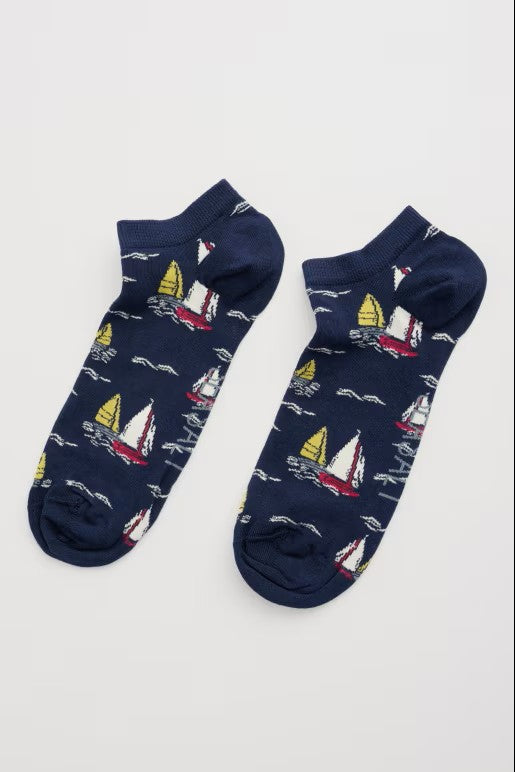 Seasalt B-Ac35470-35593 Men's Arty Trainer Socks Sailboats Sea Night